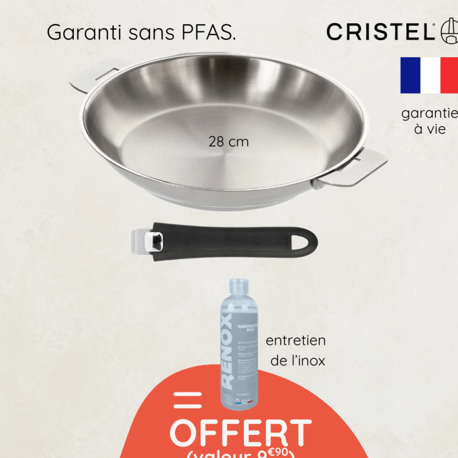 Poêle inox amovible Mutine 28cm + produit d'entretien offert
